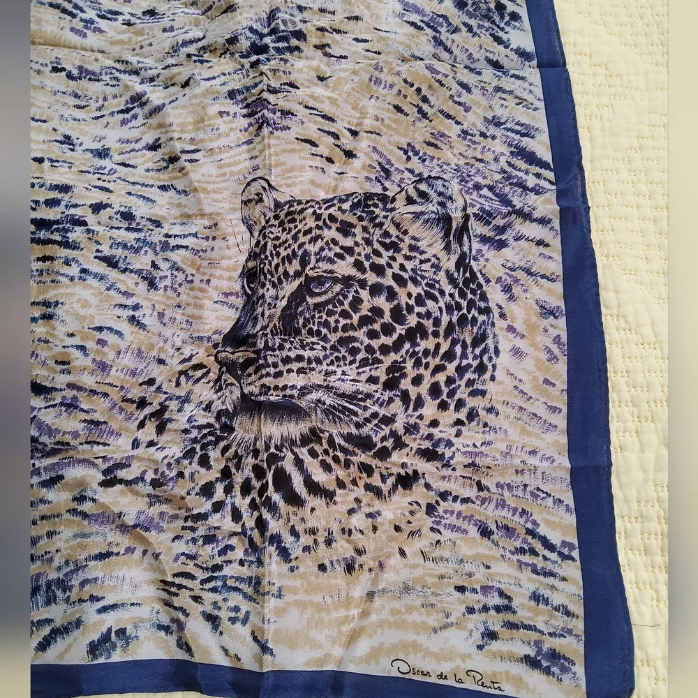 Oscar De La Renta Vintage Leopard Print Scarf in Blue and Tan